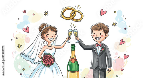 Smiling bride and groom clinking champagne glasses in a joyful wedding toast, featuring golden interlocking rings, perfect for marriage celebration themes, romantic announcements, or