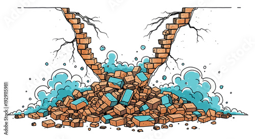 Two brick staircases collapsing into a heap of debris with dust clouds, symbolizing a broken path or a difficult challenge to overcome in business or personal development projects