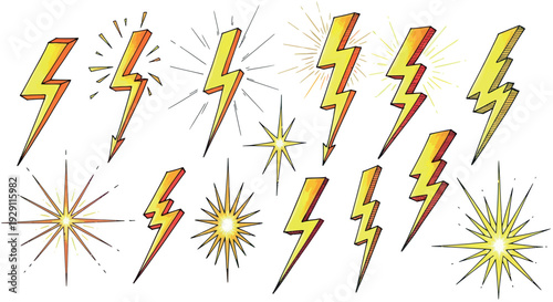 Dynamic set of yellow and orange lightning bolts and radiating starbursts in a vibrant comic style for energy themed graphic design projects and impactful digital media assets