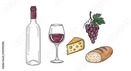 Gourmet wine tasting arrangement with an empty bottle, glass of red wine, savory cheese, fresh grapes, and rustic bread, suitable for culinary blogs and restaurant menus.