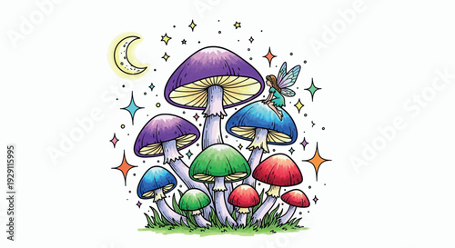 Vibrant magical mushroom forest scene featuring a tiny enchanting fairy sitting on a colorful mushroom cap under a glowing crescent moon and sparkling stars ideal for childrens books or