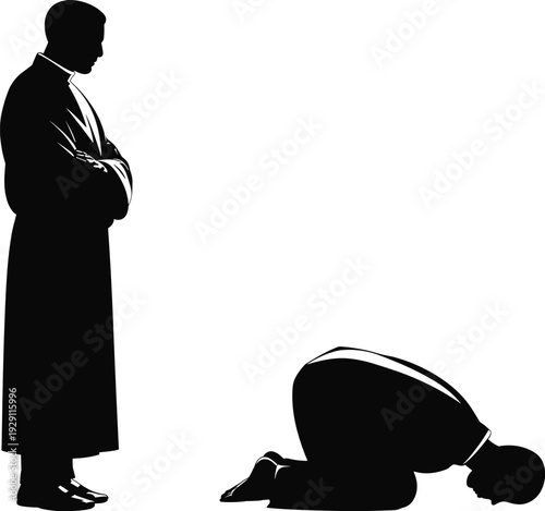 Silhouette of a religious leader standing while another person kneels in prayer before them religion