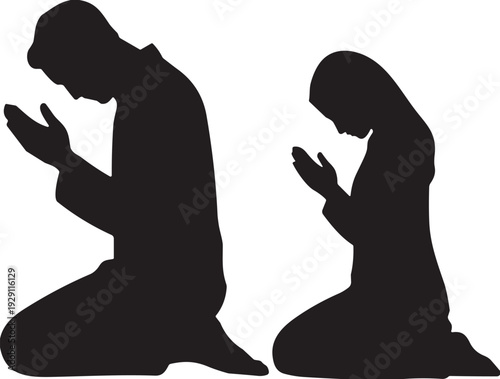 Silhouette of Muslim man and woman praying together on knees with hands clasped in devotion Islam