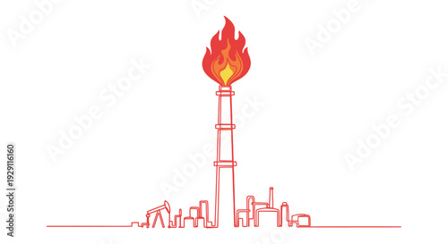 Continuous single line drawing of an oil and gas refinery complex, featuring a prominent flare stack burning a vivid flame and industrial facilities, suitable for energy industry related