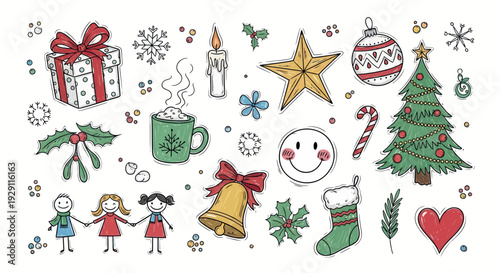 Cheerful holiday doodles featuring festive Christmas symbols, winter elements, and happy children, ideal for seasonal greetings, event invitations, and promotional materials during the