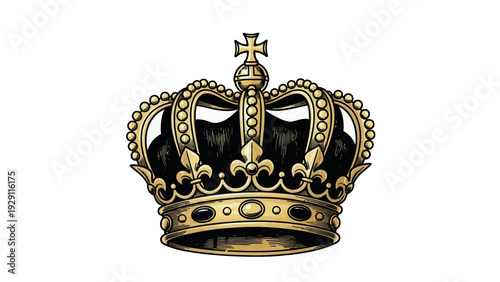 A majestic golden regal crown adorned with precious gems and a cross on top symbolizes monarchy, power, wealth, and success, perfect for historical projects, emblems, branding, or