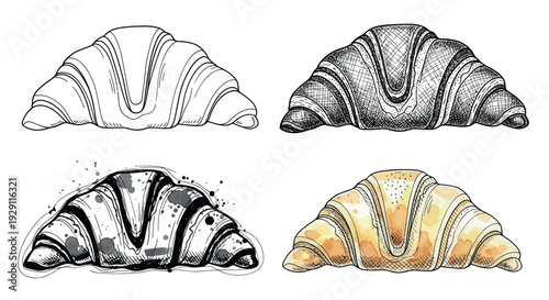 Delicious flaky croissant pastry depicted in various hand drawn styles perfect for bakery menus cooking blogs and food related projects