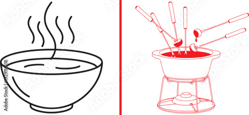 Vector line art set featuring a steaming bowl of soup and a red illustration of a cheese fondue pot with several dipping forks. Minimalist design capturing classic alpine comfort food.
