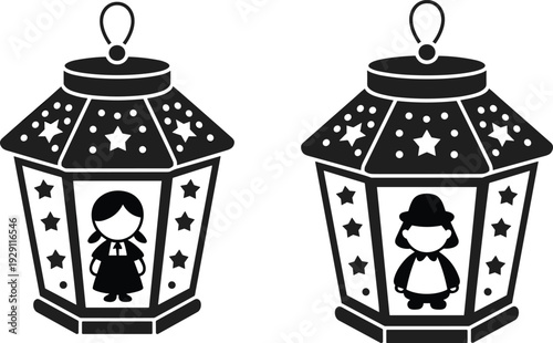 Stylized black and white of two decorative Ramadan lanterns featuring silhouette figures of children inside each one