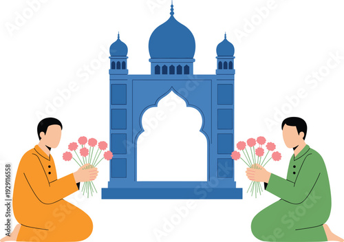 Two men in traditional attire offering flowers at a blue Islamic shrine with a dome and arched entrance