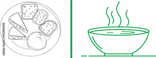 Green line art of a charcuterie plate with cheese and crackers paired with a steaming bowl of hot soup, representing a cozy après-ski meal.