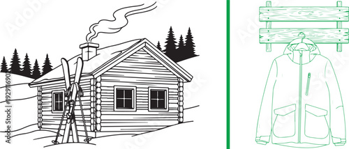 Green line art of a snow-covered log cabin with skis leaning outside, paired with an illustration of a winter parka hanging on a rustic wooden rack.