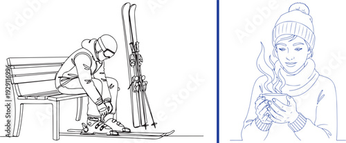 Blue and black line art featuring a skier buckling boots on a bench next to vertical skis, paired with a close-up of a person in a beanie enjoying a steaming mug of cocoa.