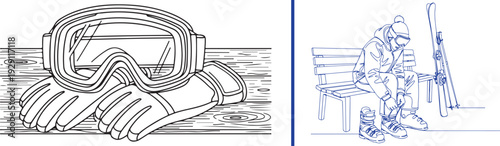 Detailed line art showing ski goggles and gloves resting on a wooden bench, paired with a blue vector illustration of a person sitting on a bench adjusting their ski boots. Cozy winter gear scene.