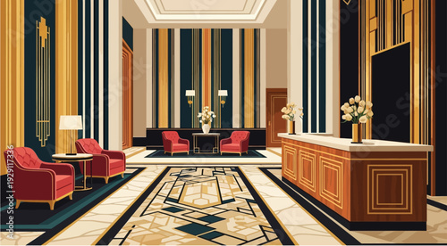 Elegant Modern Hotel Lobby with Striped Walls and Red Armchairs Interior