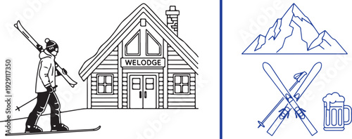 Line art featuring a skier walking toward a snowy mountain lodge, plus blue vector icons of a mountain range, crossed skis, and a frothing beer mug. Ideal for winter resort and aprés-ski branding.
