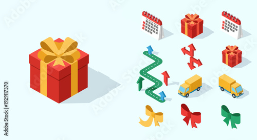 Gift Box with Ribbon and Delivery Icons.