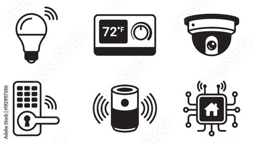 Connected Smart Home Icons: Wi-Fi Light Bulb, Digital Thermostat, Security Camera, Smart Door Lock, Speaker, and IoT Circuit Board. Flat Vector.
