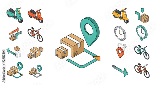 Delivery Icons Featuring Vehicles and Parcels.