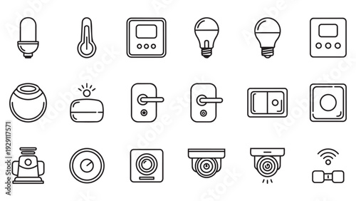 Outline Icons Set of Smart Home and Internet of Things Devices: Automation, Security, and Modern Living Technology. Vector Illustration.