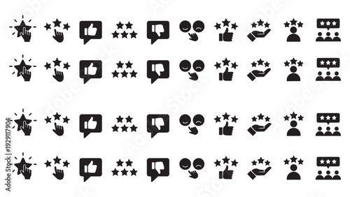 Solid Black Customer Feedback and Rating Icons Set for User Experience Design