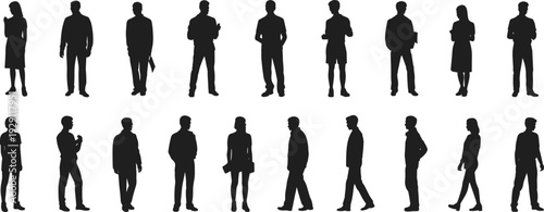 Business people silhouettes collection, men and women standing in different poses vector illustration set