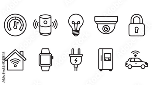 Diverse collection of Internet of Things (IoT) and smart home system outline icons, showcasing advanced automation and connected lifestyle.