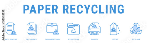 Paper Recycling web banner icon vector illustration with Paper Recycling, Recycled Paper, Cardboard Recycling, Recycle Folder, Shredder and Eco Tag