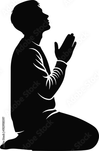 Man praying on knees silhouette, faith and spiritual devotion concept, religious worship isolated on white background