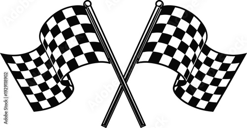 Crossed checkered racing flags illustration, motorsport competition finish line symbol, black and white icon isolated on white background