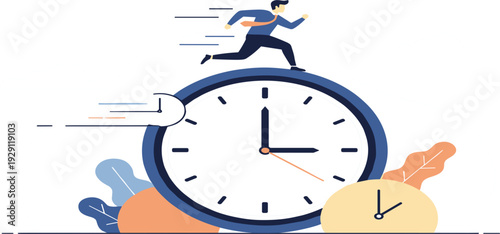 Businessman Running on Clock Time Management Concept with Deadline Productivity and Efficiency for Business Success Vector Illustration Design
