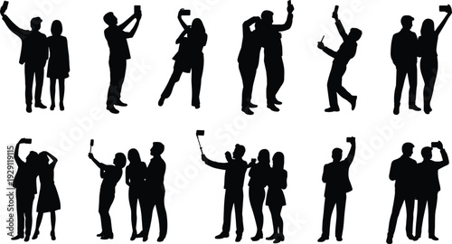Group of people taking selfies silhouettes, friends using smartphones and selfie sticks vector illustration set