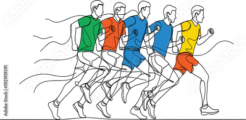 Group of Runners Sprinting Marathon Race Line Art Illustration with Colorful Sportswear Athletes Training Fitness and Running Competition Vector Design