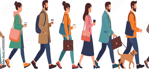 People Walking in City Street with Coffee Bags and Dog Urban Lifestyle Crowd Movement Modern Business and Casual Characters Vector Illustration