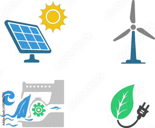 Renewable green energy and eco friendly power vector icon set with solar panel, wind turbine, hydropower, and green plug