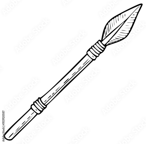 Ancient spear weapon with sharp point and wooden shaft illustration
