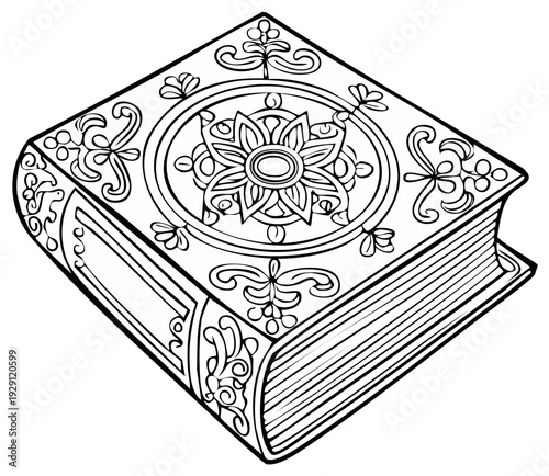 Intricate Ornate Book with Floral Mandala Design in Black and White Line Art Illustration