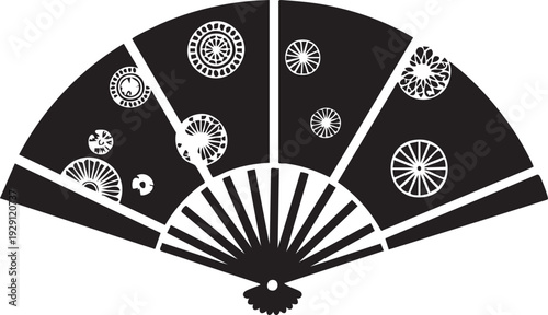 Traditional japanese folding fan icon with decorative patterns, representing asian culture and elegance.
