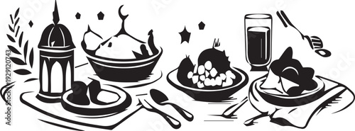 A black and white illustration of a diverse Ramadan iftar meal spread with a lantern.