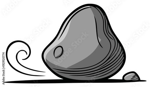 Bold cartoon gray rock with dynamic impact lines and a tiny companion pebble