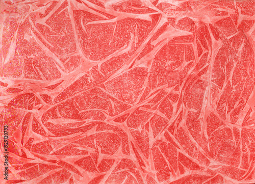 Scanned watercolor artwork imitating raw beef marbling texture on paper, vibrant red abstract background for design and creative projects.