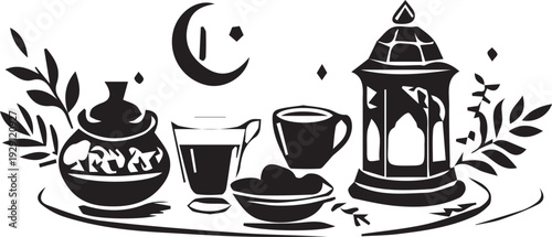 A simplified black and white illustration showing Ramadan iftar essentials on a tray with a lantern.