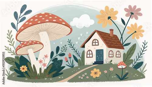 Whimsical house with giant mushrooms and colorful flowers in a magical garden
