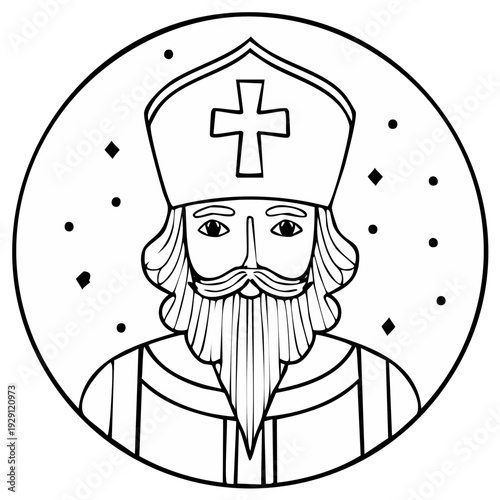 Saint Nicholas Sinterklaas bishop portrait black and white line art icon for coloring book