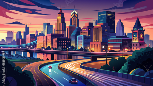 Very beautiful dusk panorama of Philadelphia skyline with Schuylkill Expressway traffic lights streaming beside the river, creating dynamic motion contrast against calm evening waters and glowing skys