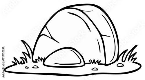 Cartoon cave entrance surrounded by grass and small rocks simple illustration