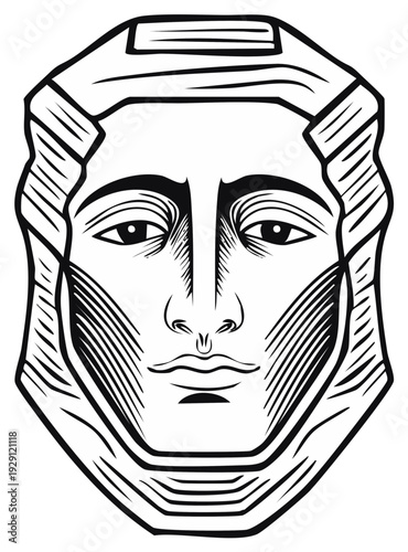 Ancient Mask Illustration: Mysterious Egyptian Face in Black and White for Historical Designs