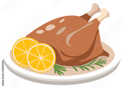 Delicious roasted whole chicken with lemon and rosemary on a serving plate vector illustration