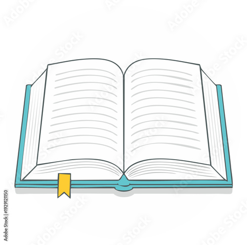 Illustrated open book with blank lined pages and a yellow bookmark for education and knowledge