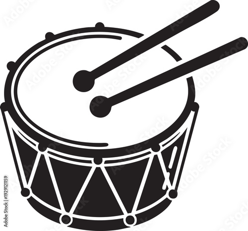 Classic drum with drumsticks vector icon representing musical rhythm and percussion.